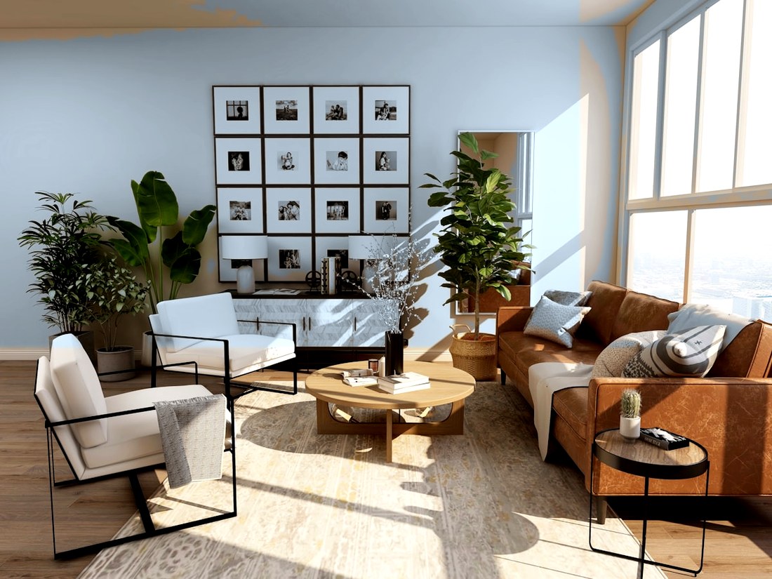 After — soft blue-gray living room, same angle