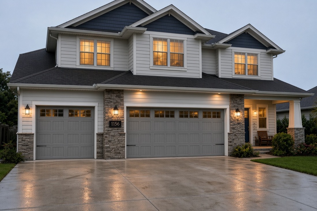 After — fresh light gray, navy gables, white trim